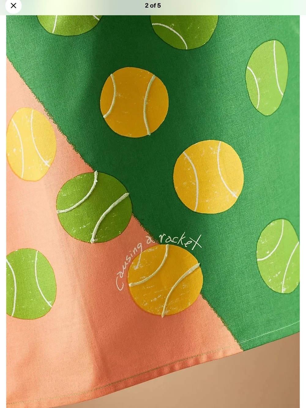 Anthropologie Green & Peach Tennis/PicklebalRacket Print Towel causing a racket. - Picture 5 of 6